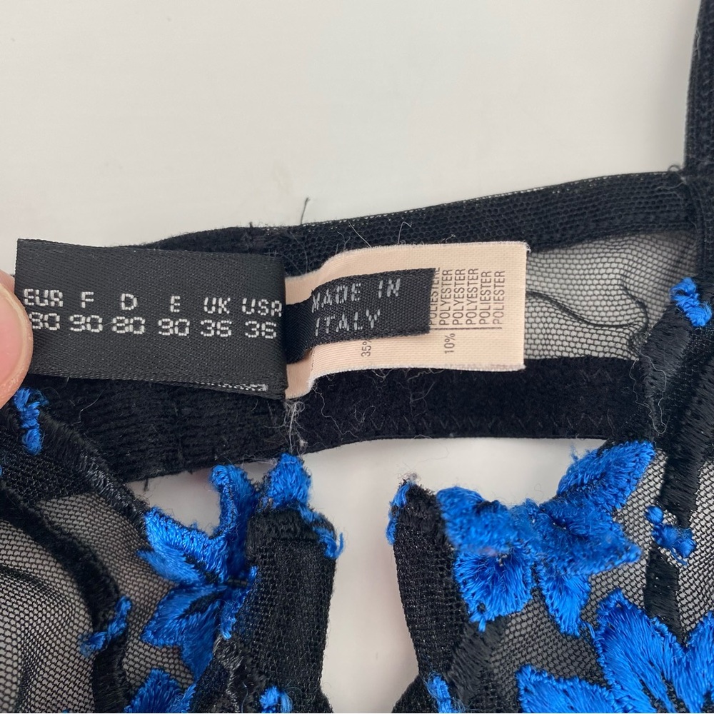 Vintage‎ La Perla Sheer Black Bra Blue Appliqués - Picture 8 of 9
